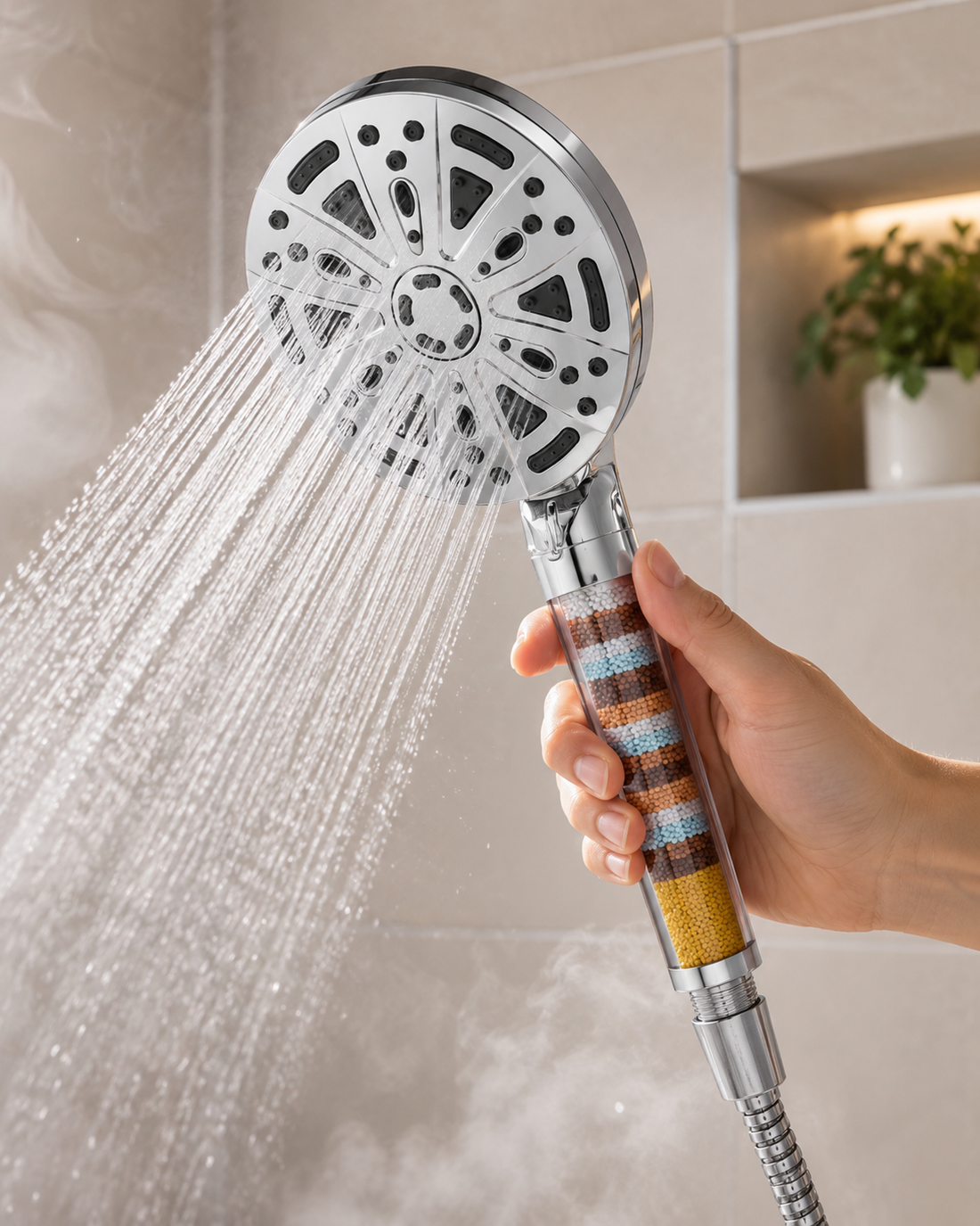 Five Visentri Pro 10-function filtered shower heads with burst-proof hoses