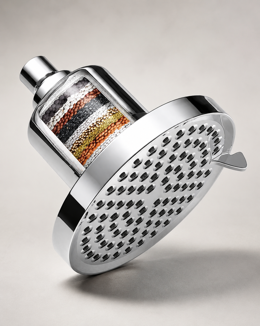 Visentri filtered rainfall shower head in chrome with visible 15-stage filter media
