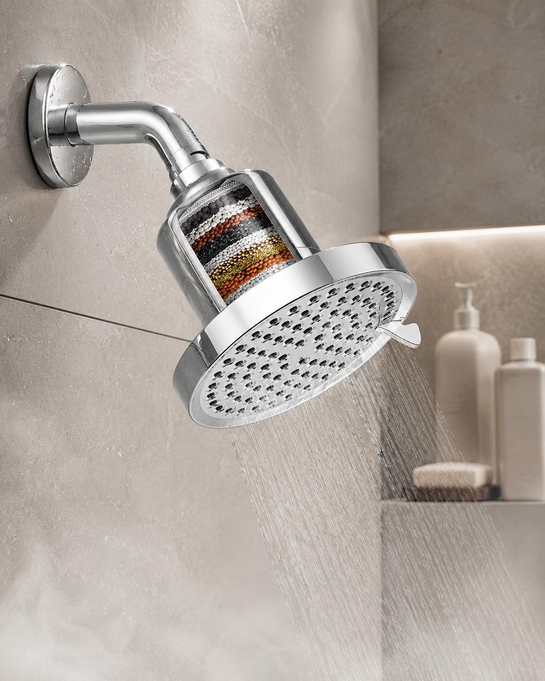 Chrome filtered rain shower head installed on a standard shower arm with water running